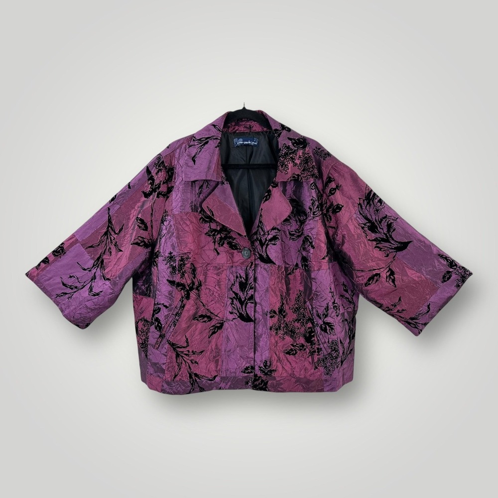 Susan Graver Jacket Womens 3X Purple Black Floral Crinkle Velvet Burnout Lined